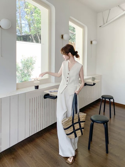 2026 夏季新款｜高級感老錢風亞麻套裝 女款薄款氣質馬甲 + 闊腿褲兩件組