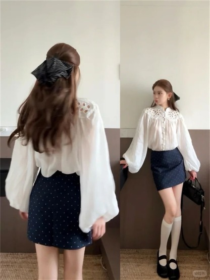 法式氣質溫柔風 鏤空刺繡燈籠袖襯衫+藏青色半裙