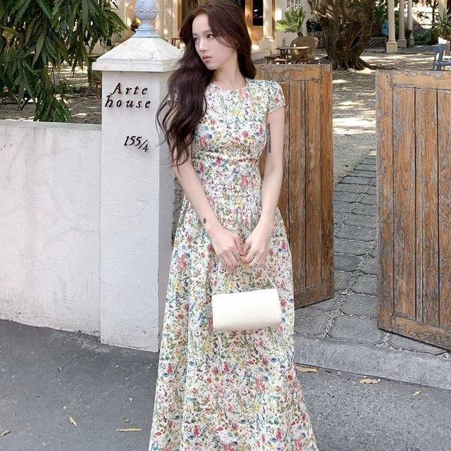 【莫奈花信】甜美溫柔短袖碎花洋裝 春夏圓領 長短款 修身收腰裙