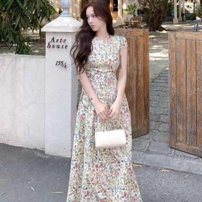 【莫奈花信】甜美溫柔短袖碎花洋裝 春夏圓領 長短款 修身收腰裙