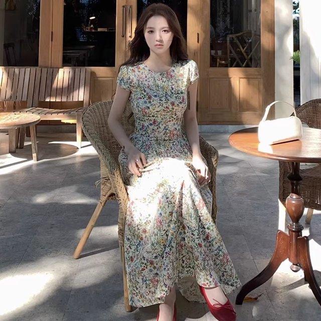 【莫奈花信】甜美溫柔短袖碎花洋裝 春夏圓領 長短款 修身收腰裙