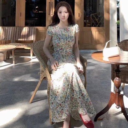 【莫奈花信】甜美溫柔短袖碎花洋裝 春夏圓領 長短款 修身收腰裙