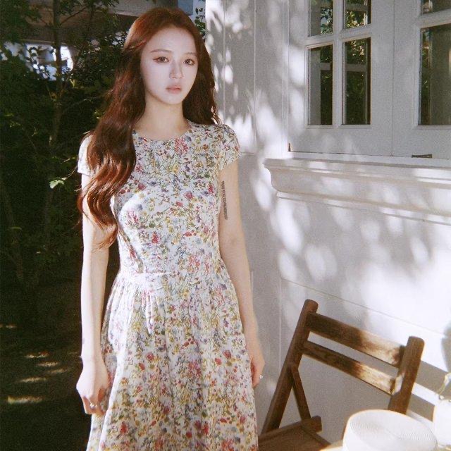 【莫奈花信】甜美溫柔短袖碎花洋裝 春夏圓領 長短款 修身收腰裙