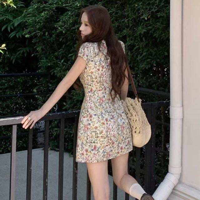 【莫奈花信】甜美溫柔短袖碎花洋裝 春夏圓領 長短款 修身收腰裙