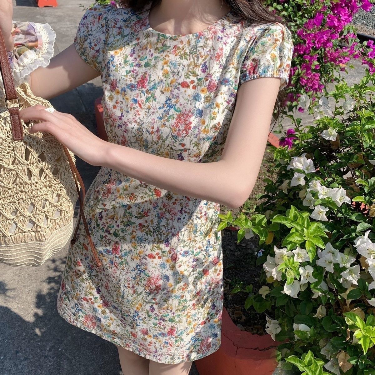 【莫奈花信】甜美溫柔短袖碎花洋裝 春夏圓領 長短款 修身收腰裙