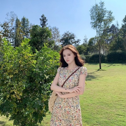 【莫奈花信】甜美溫柔短袖碎花洋裝 春夏圓領 長短款 修身收腰裙