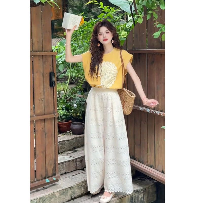 夏季新款 復古甜美減齡港風兩件組 | 設計感寬鬆上衣 + 長褲女款套裝