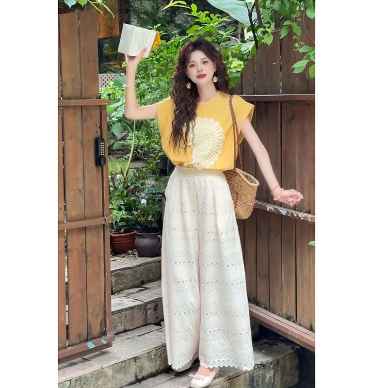 夏季新款 復古甜美減齡港風兩件組 | 設計感寬鬆上衣 + 長褲女款套裝