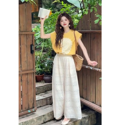 夏季新款 復古甜美減齡港風兩件組 | 設計感寬鬆上衣 + 長褲女款套裝