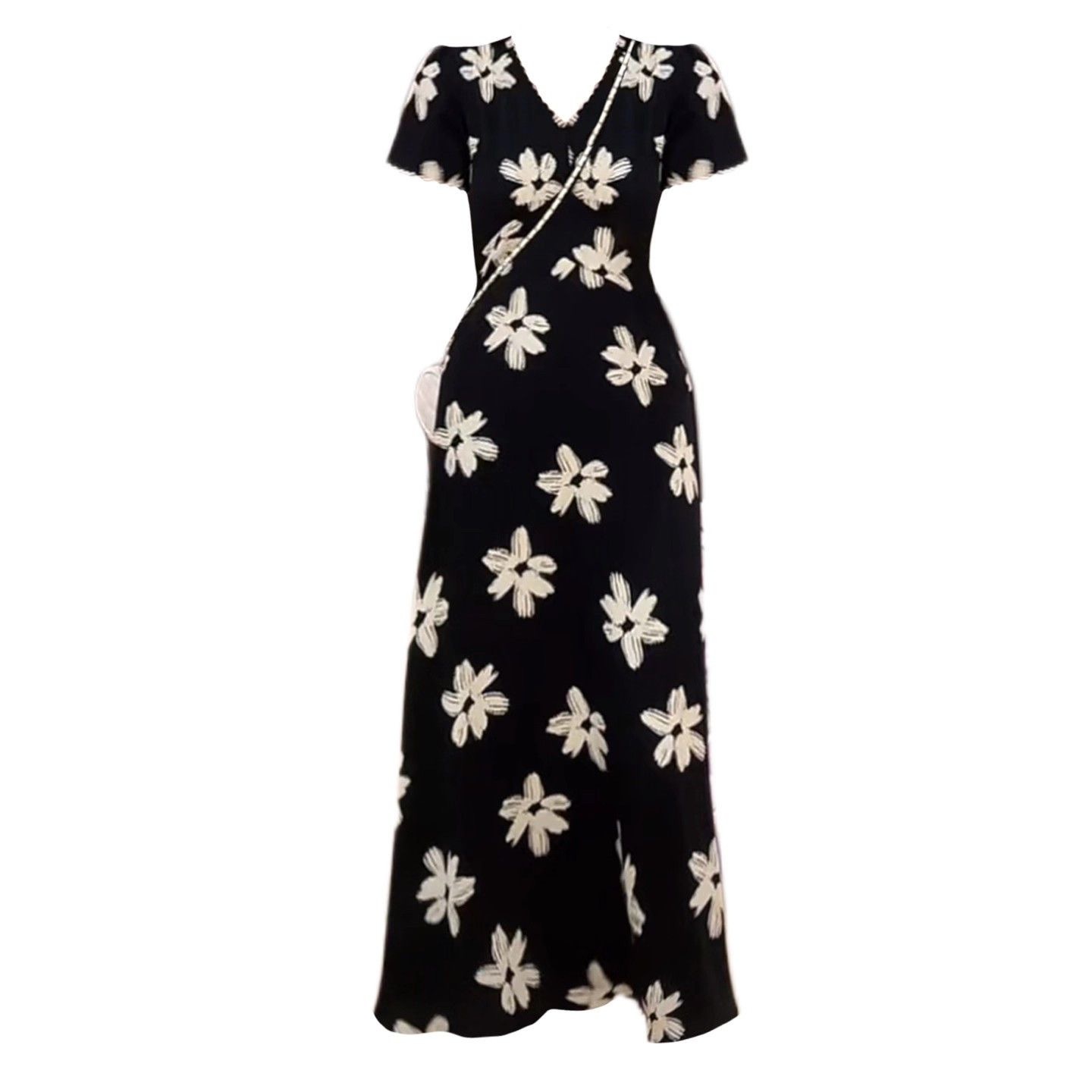 法式氣質御姐輕熟小眾不撞款黑色碎花 V 領顯瘦新款洋裝 赫本長裙