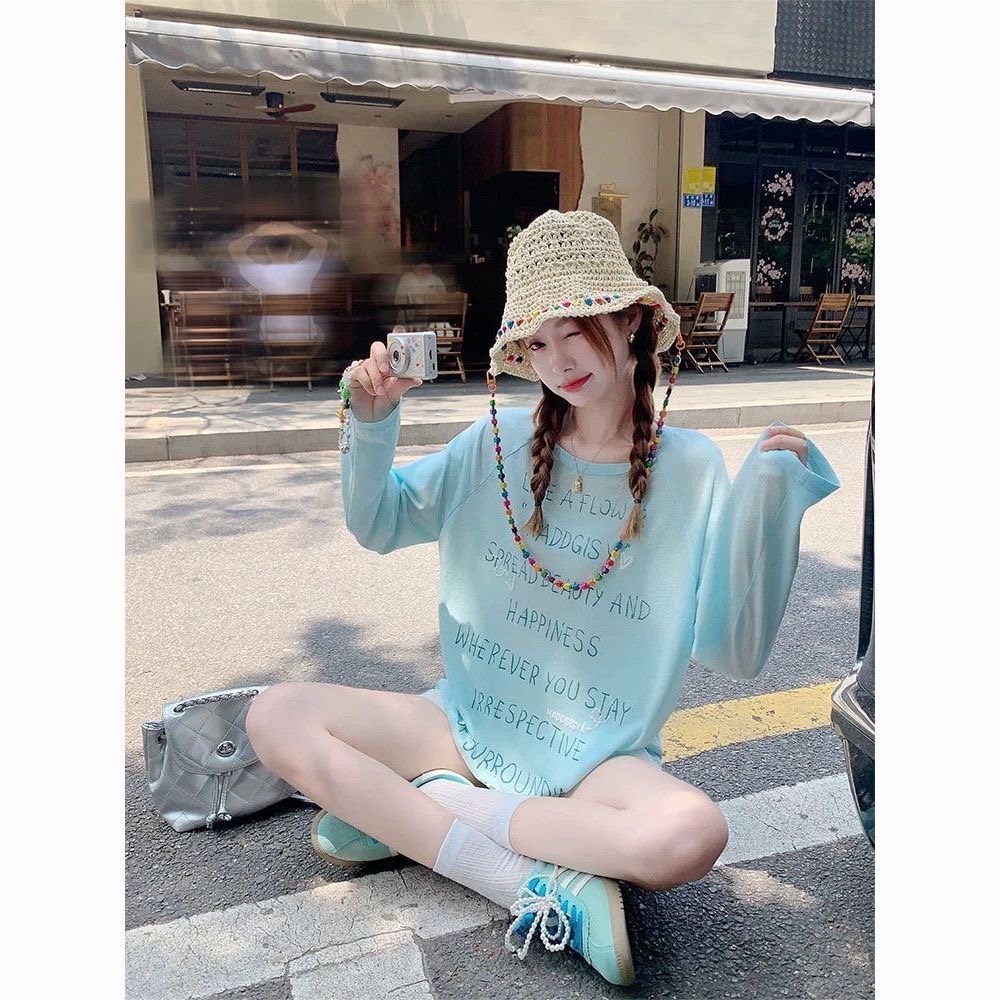 甜辣風 chic 薄款微透防曬罩衫 T 恤 | 夏季寬鬆慵懶字母印花長袖上衣