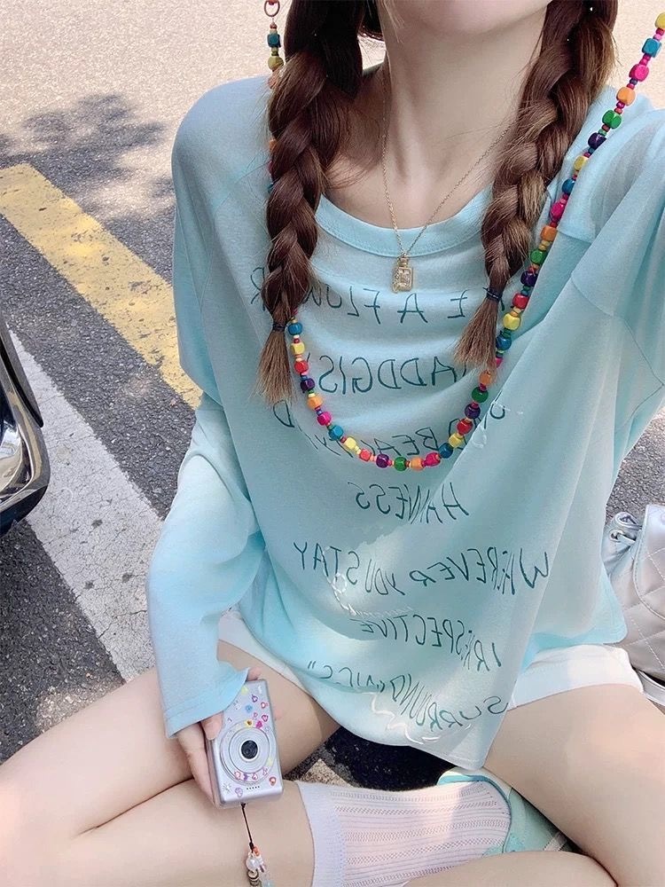 甜辣風 chic 薄款微透防曬罩衫 T 恤 | 夏季寬鬆慵懶字母印花長袖上衣