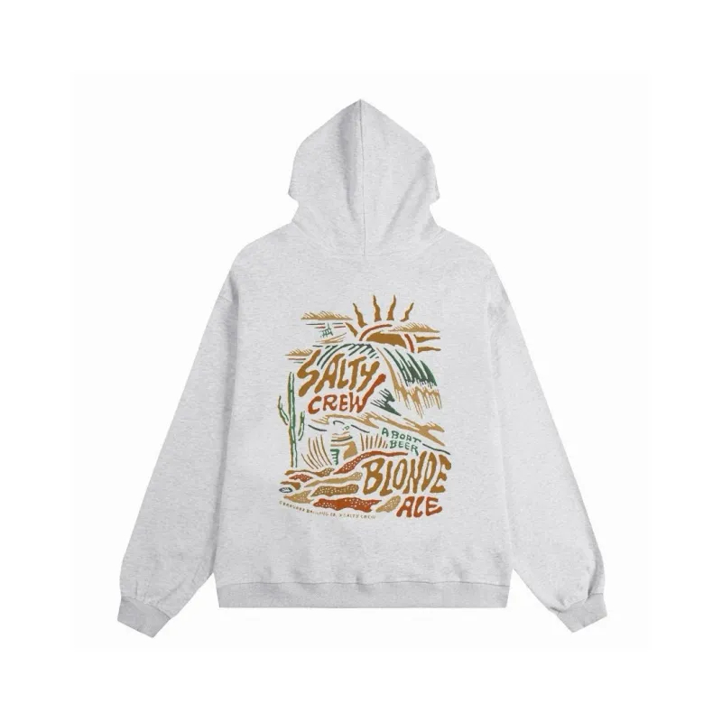 The North Face ザ・ノース・フェイスの手描きの日の出、黄金の山、海の波のプリントが施されたカップル向けフード付きスウェットシャツ