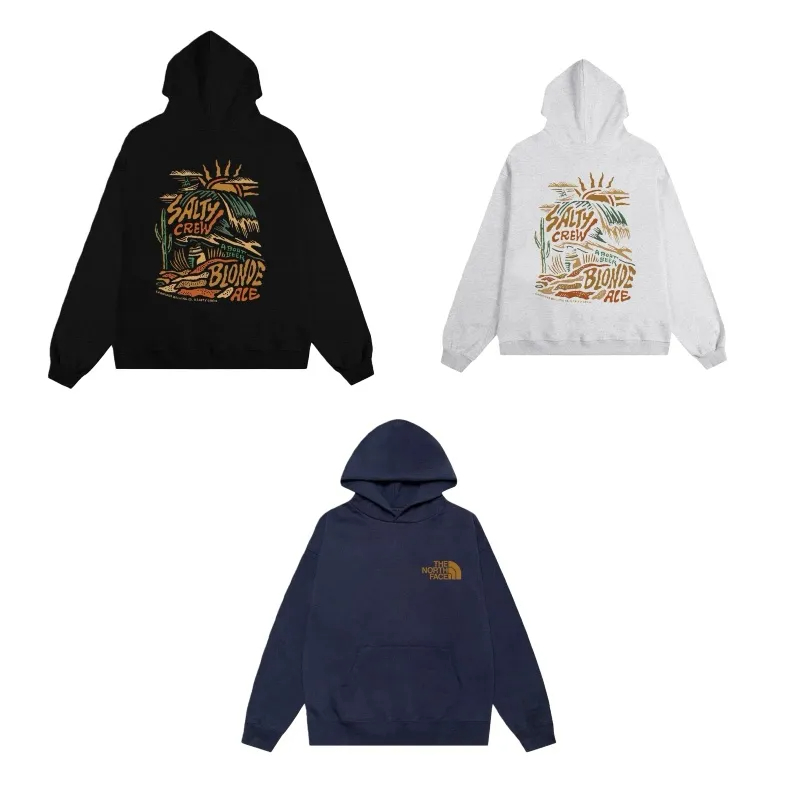 The North Face ザ・ノース・フェイスの手描きの日の出、黄金の山、海の波のプリントが施されたカップル向けフード付きスウェットシャツ