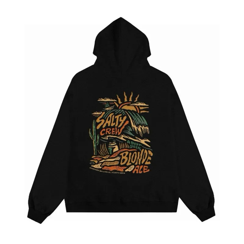 The North Face ザ・ノース・フェイスの手描きの日の出、黄金の山、海の波のプリントが施されたカップル向けフード付きスウェットシャツ