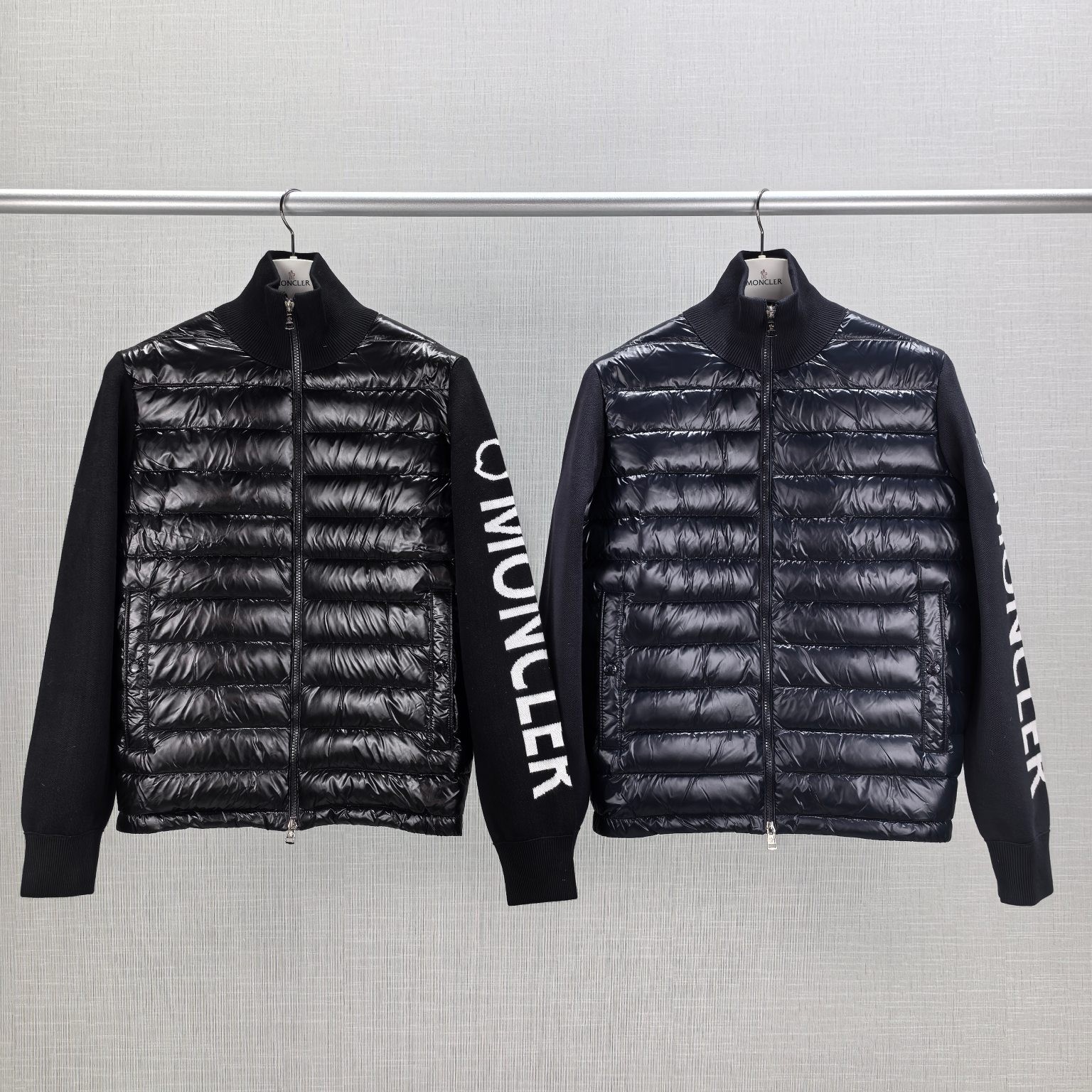 MONCLER モンクレール M29 パイロットカラー ニットリボン LOGOプリント ダウンジャケット ブラック/ネイビー