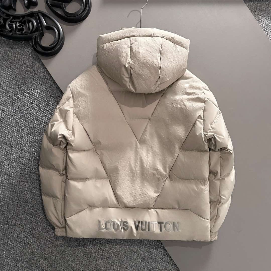 LOUIS VUITTON ルイヴィトン FW2025秋冬新作 ダウンジャケット Lvロゴ圧花 老花柄拼接 フード付き