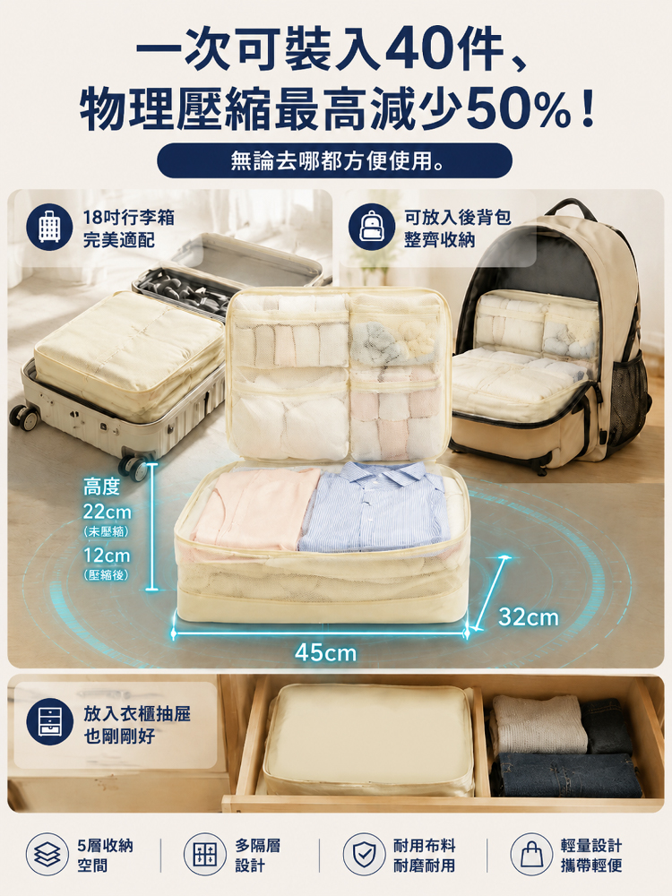 【多出200%容量】五合一壓縮收納袋