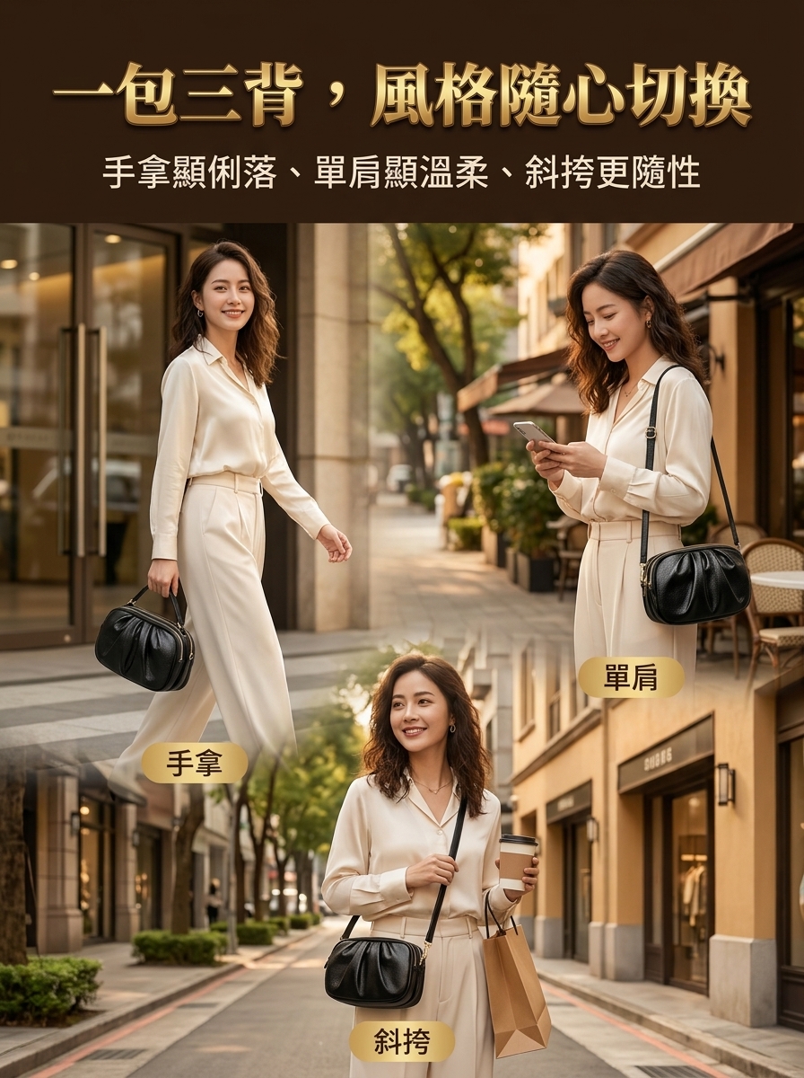 【多隔層】斜挎皮質貝殼包