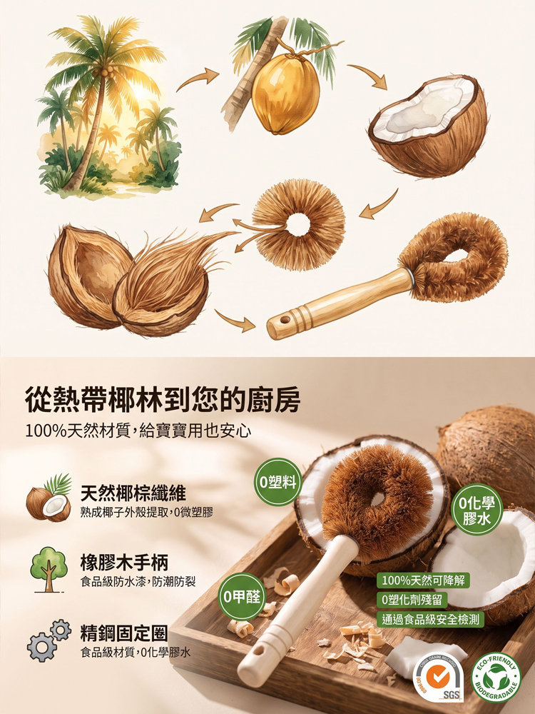 【不傷鍋具】天然椰棕長柄洗鍋刷