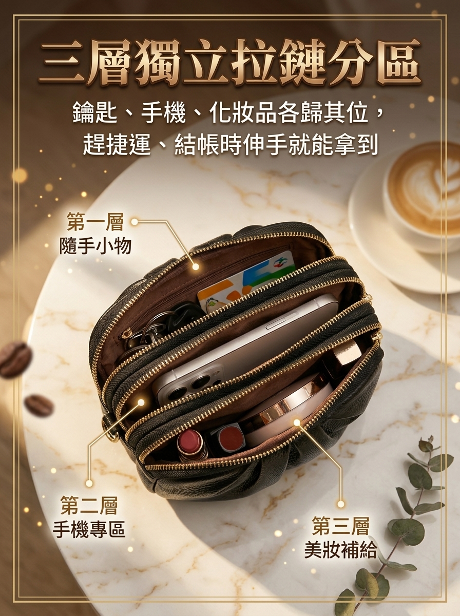 【多隔層】斜挎皮質貝殼包