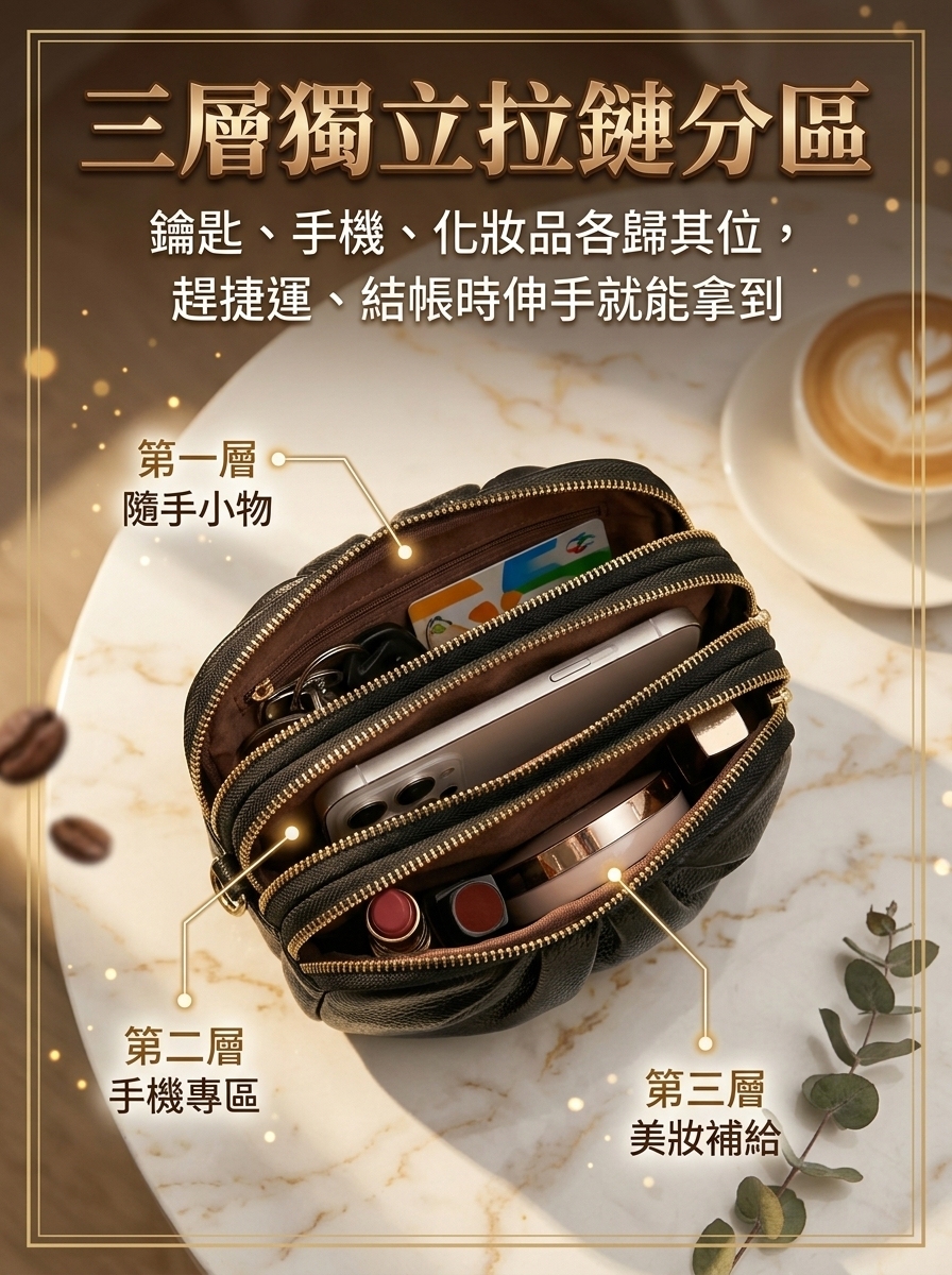 【多隔層】斜挎皮質貝殼包