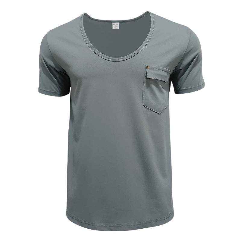 Cross-Border Men's Pocket T-Shirt Cross-Border Clothing European and American Foreign Trade Men's V-Neck Solid Color Plus Size Casual Short Sleeve T-Shirt