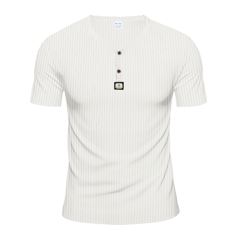 Cross-Border Amazon TK Summer American Style Quick-Dry V-Neck Men's Jacquard Ribbed Breathable Henley Shirt Short Sleeve T-Shirt Men