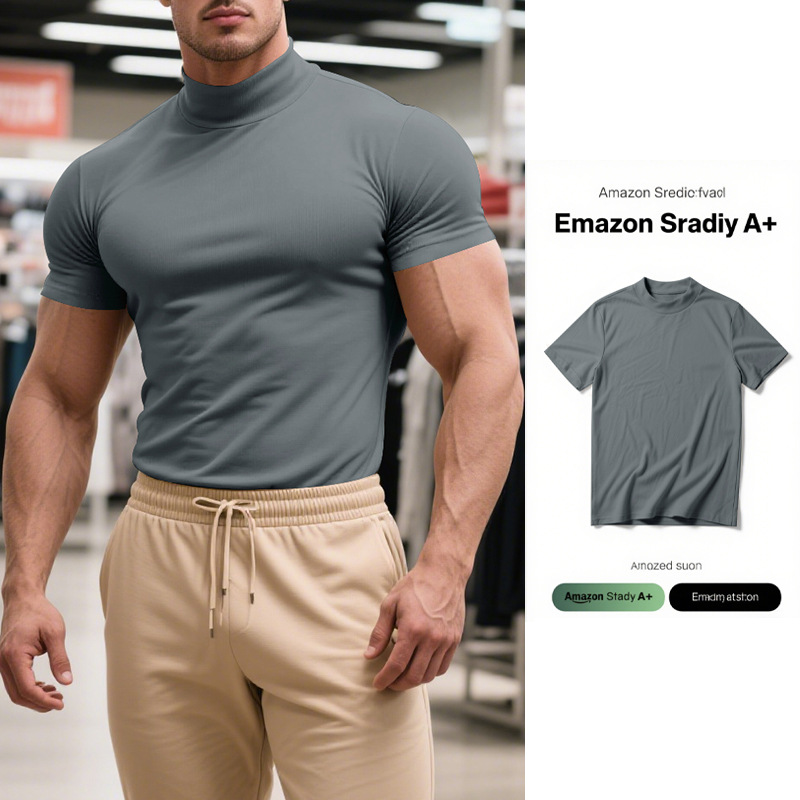 25 Cross-Border European and American Men's Summer Stretch Slim Fit British Gentleman Casual Base Shirt High Neck Short Sleeve T-Shirt Men