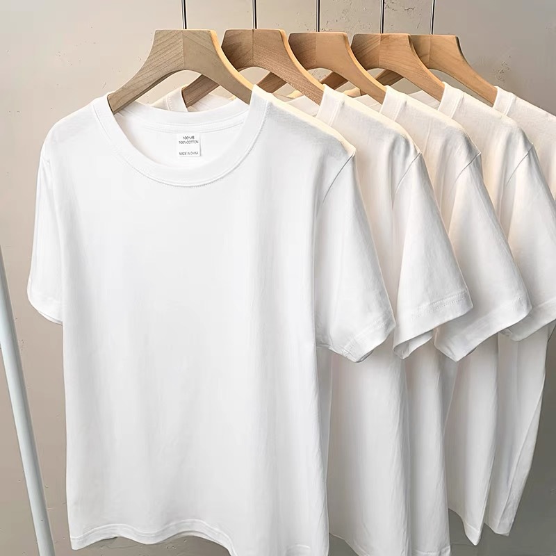 2025 Summer New Korean Style Men's T-Shirt Short Sleeve Pure Cotton Round Neck High-end 200g High-density Men's Cotton T-shirt White Top