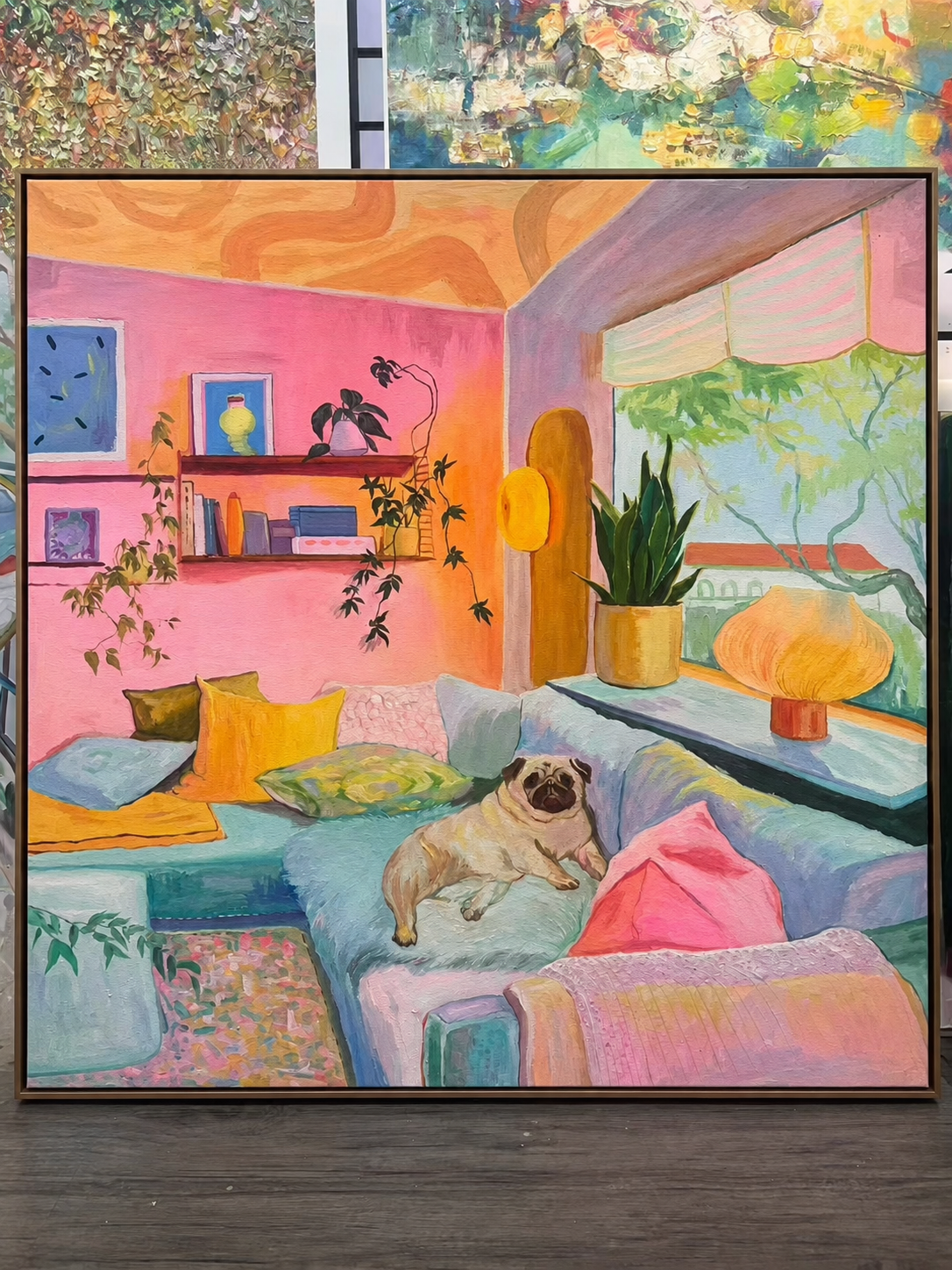 Pug Lounging in the Pink Room