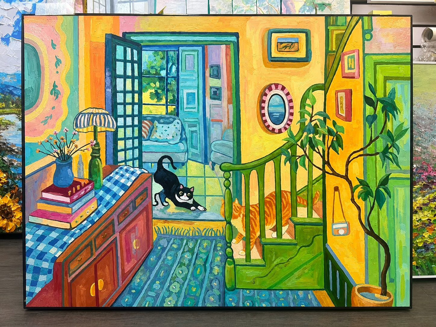 Whimsical Sunlit Hallway with Cats