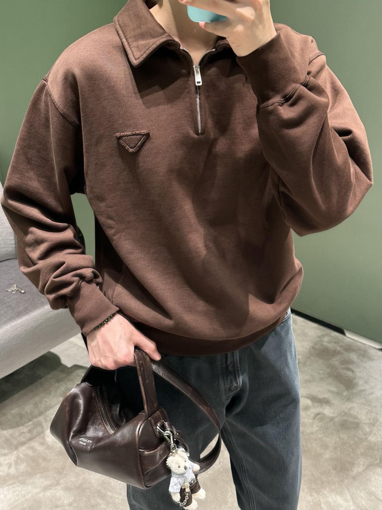 PRADA普拉達PRD 布標半拉鍊翻領POLO衛衣