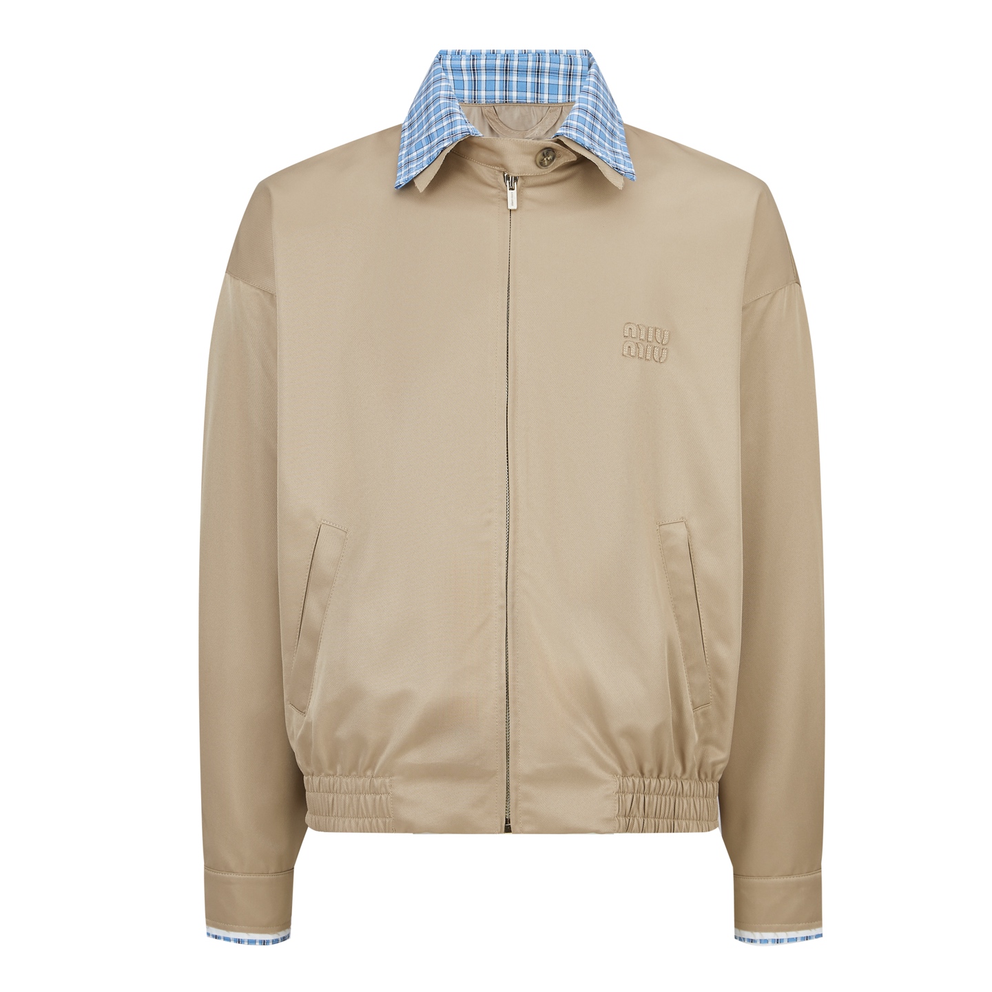 MiuMiu 格紋拼接刺繡拉鍊夾克