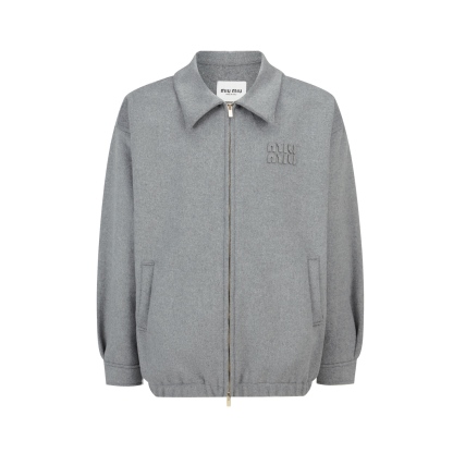 MiuMiu 刺繡標識翻領羊絨拉鍊外套