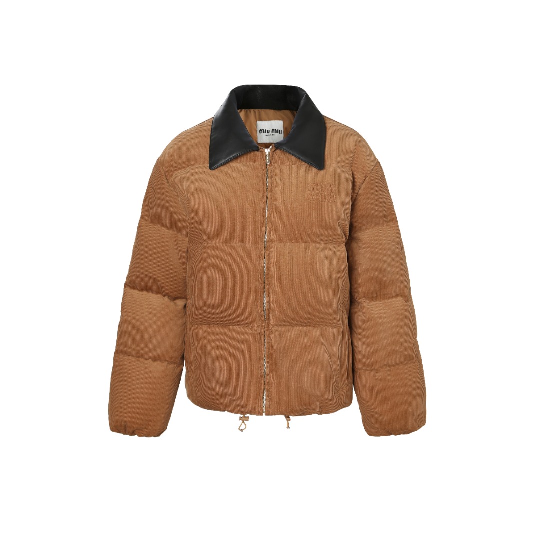 MiuMiu 皮領貼布繡燈芯絨羽絨服