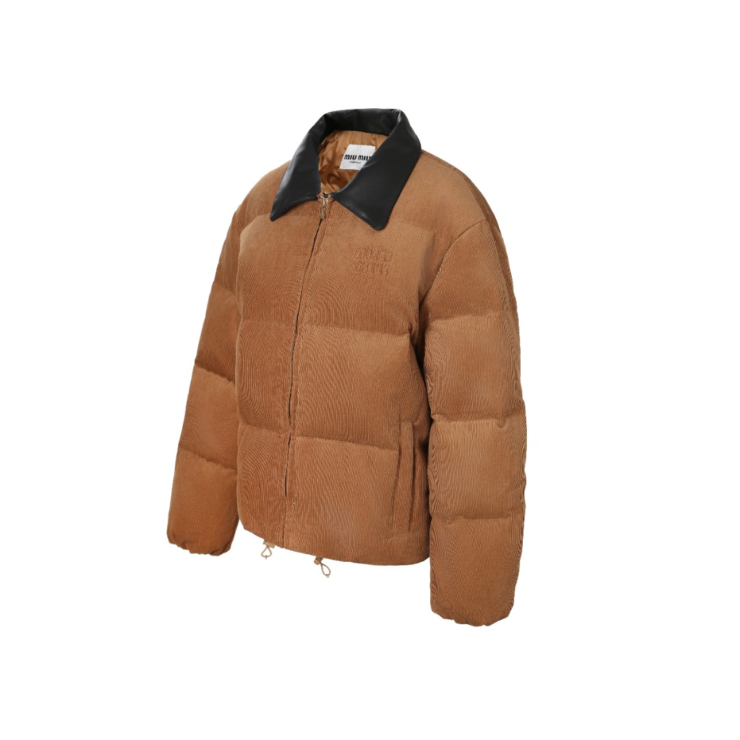 MiuMiu 皮領貼布繡燈芯絨羽絨服