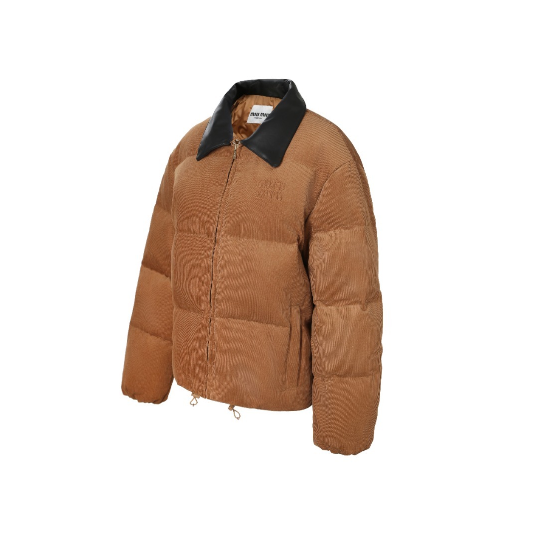 MiuMiu 皮領貼布繡燈芯絨羽絨服