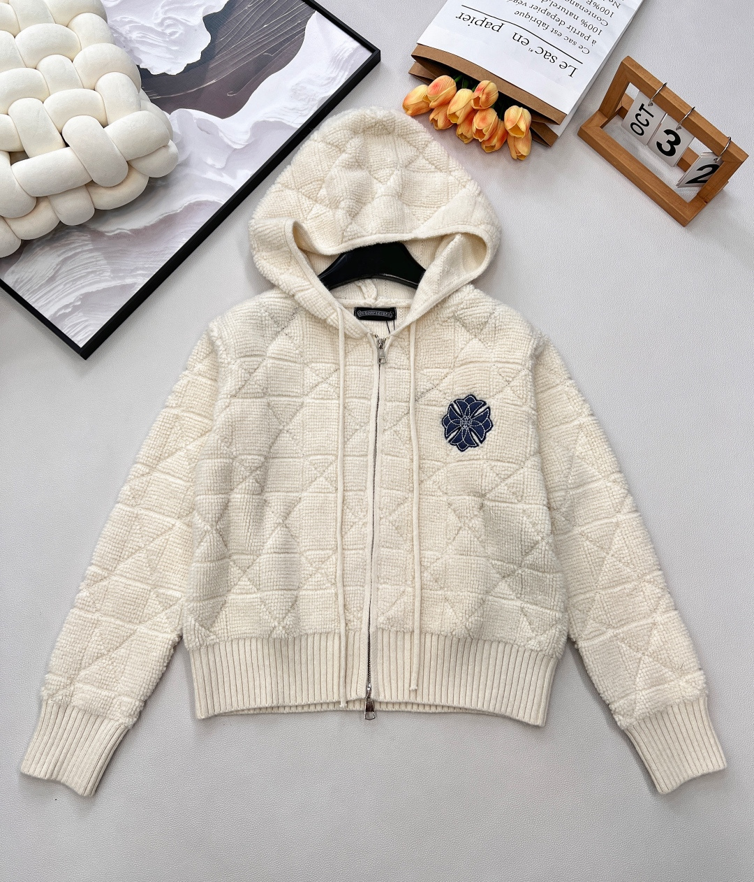 Chrome hearts 新款菱格字母繡花針織拉鍊連帽開衫