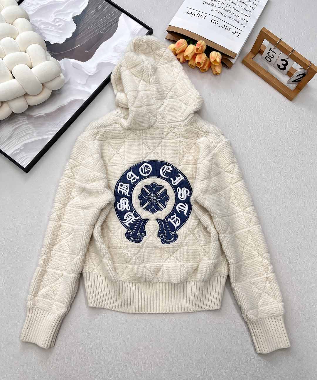 Chrome hearts 新款菱格字母繡花針織拉鍊連帽開衫