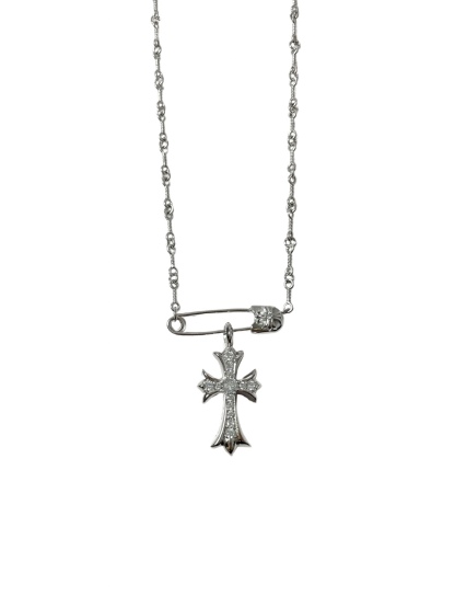 Chrome Hearts 克罗心银镀白金镶石别针十字项链