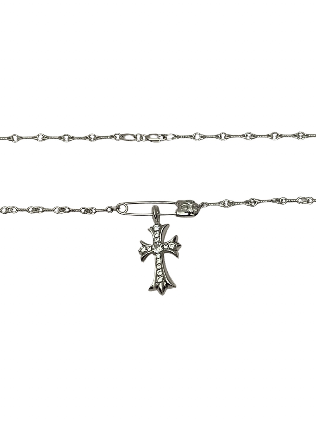 Chrome Hearts 克罗心银镀白金镶石别针十字项链