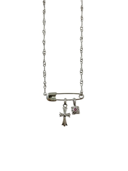 Chrome Hearts（克罗心）别针十字架镀白金方糖项链（紅色）