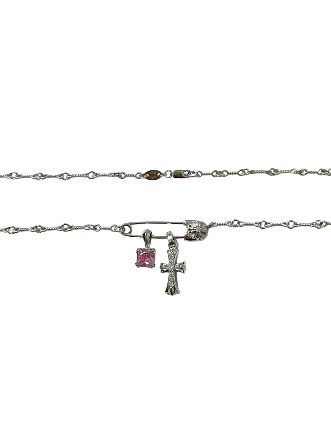 Chrome Hearts（克罗心）别针十字架镀白金方糖项链（紅色）