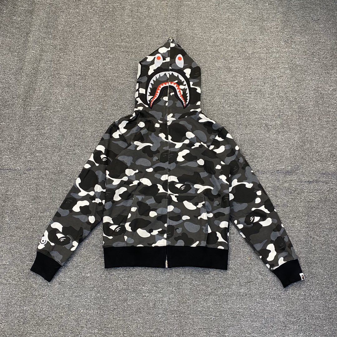 P225 XX154 BAPE 經典黑白夜間發光迷彩鯊魚拉鍊連帽衛衣