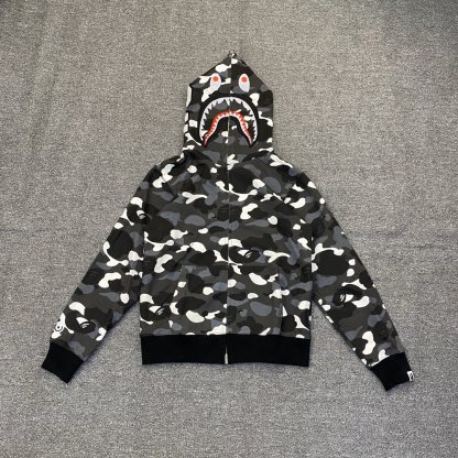 P225 XX154 BAPE 經典黑白夜間發光迷彩鯊魚拉鍊連帽衛衣