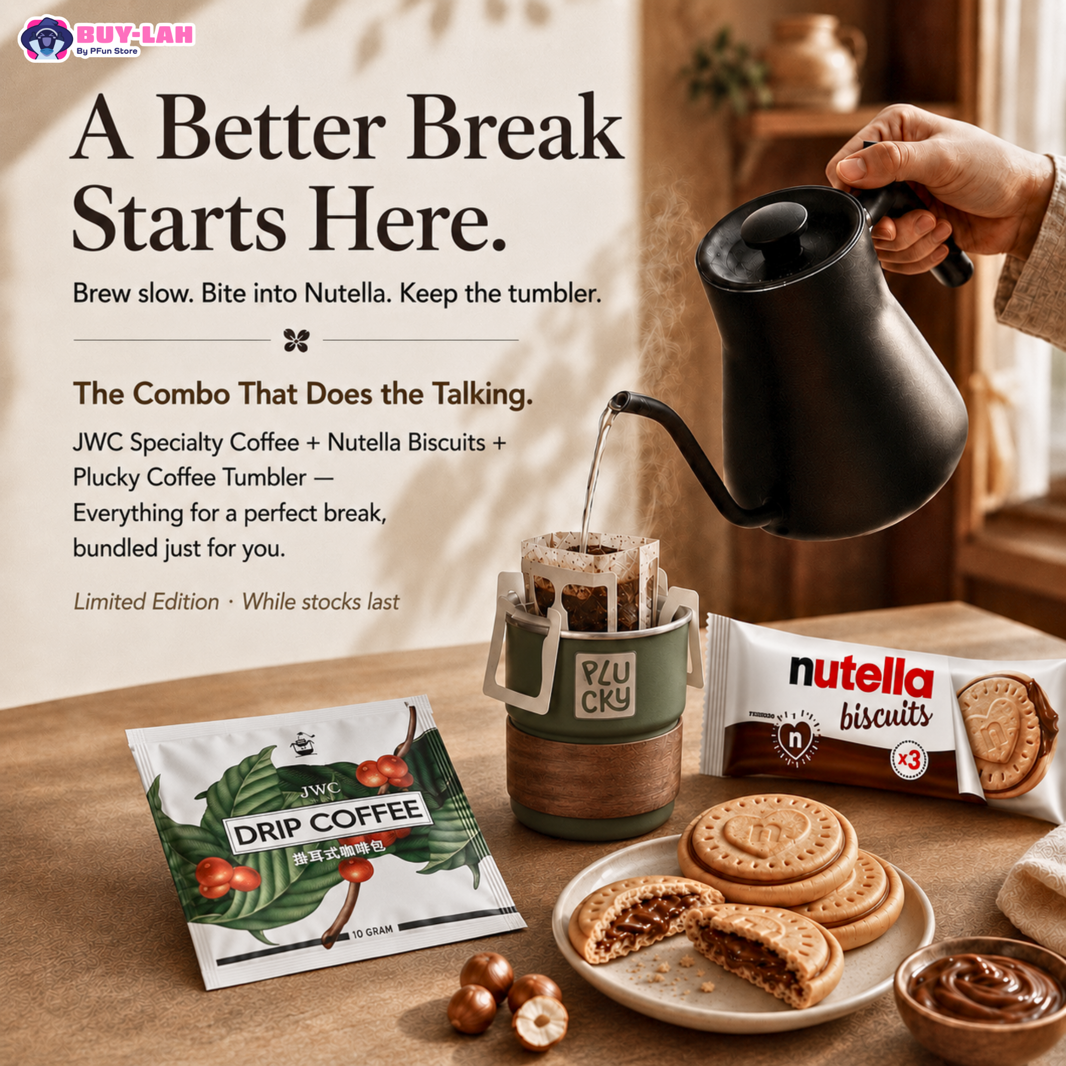 JWC Cozy Break Bundle — Free Shipping (1x JWC Drip Coffee + 6× Nutella Biscuits + 1×Pucky  Coffee Tumbler)
