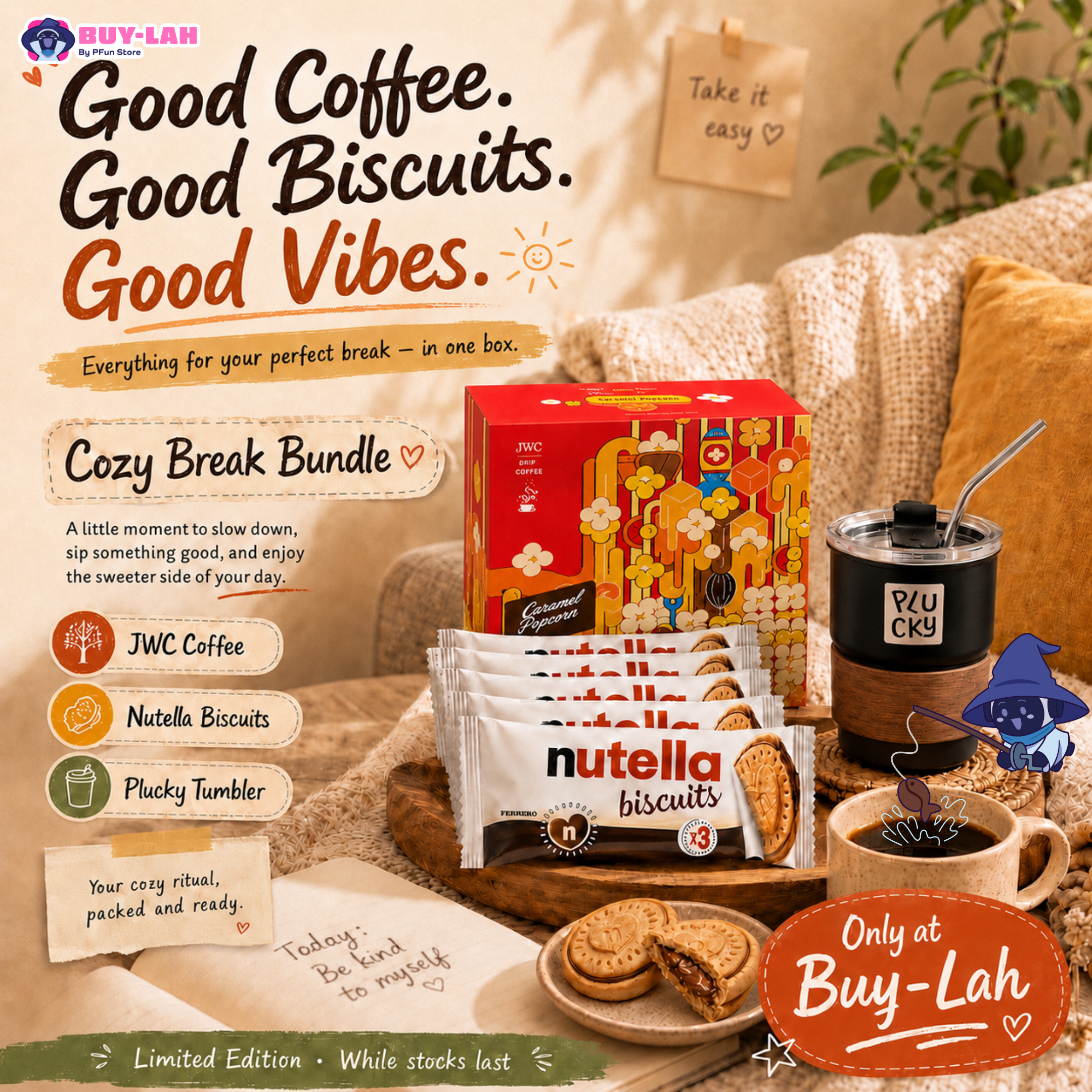 JWC Cozy Break Bundle — Free Shipping (1x JWC Drip Coffee + 6× Nutella Biscuits + 1×Pucky  Coffee Tumbler)