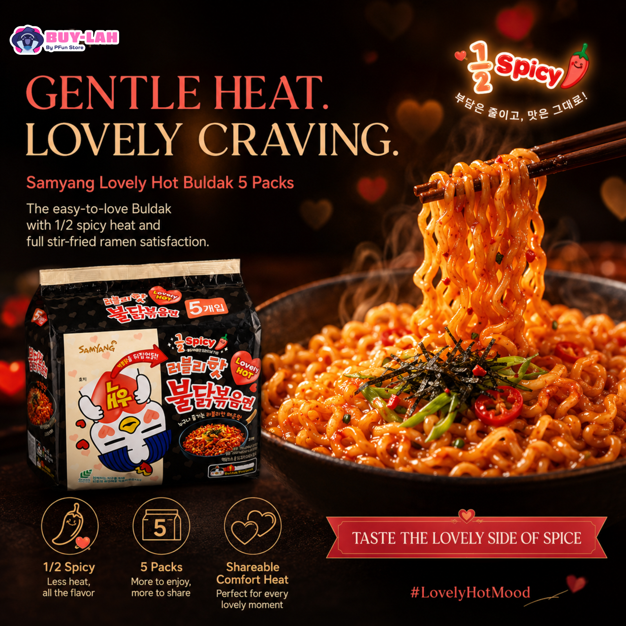 Samyang Buldak Lovely Hot (½ Spicy) Hot Chicken Ramen 5-Pack 