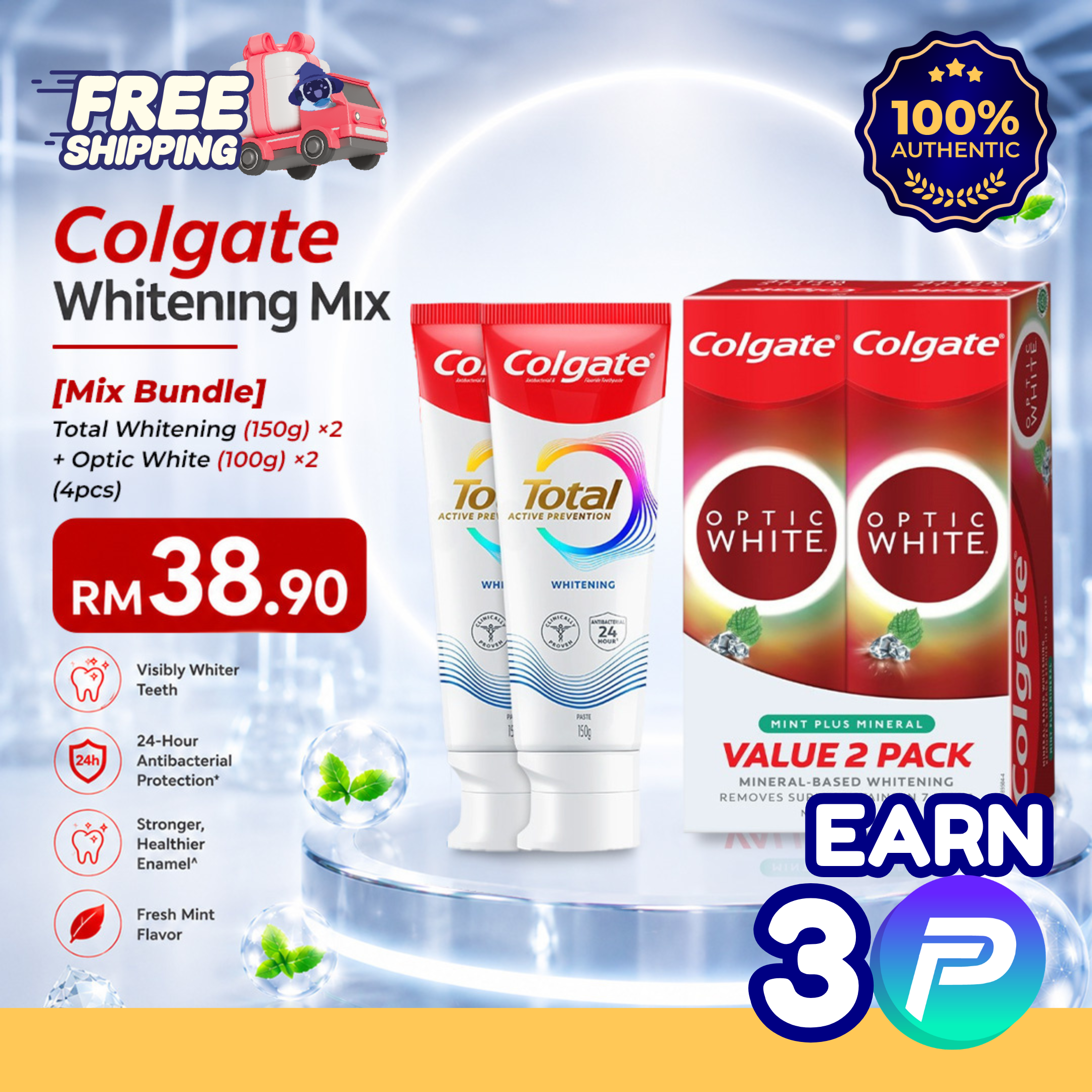 Colgate Whitening Mix Bundle — Total Whitening (150g ×2 )+ Optic White (100g ×2) (4 Tubes) — Free Shipping